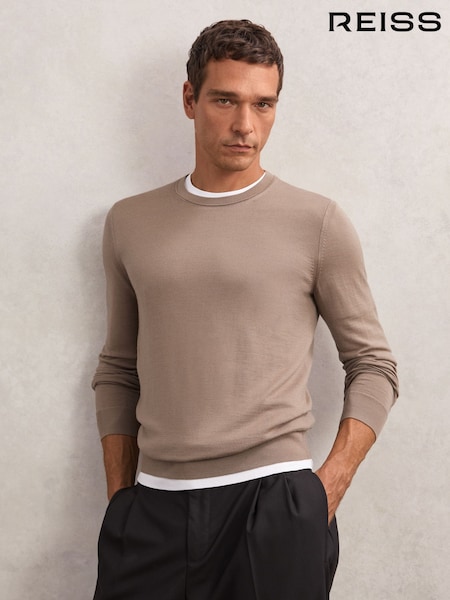 Reiss Camel Brown Wessex Merino Wool Crew Neck Jumper (W87335) | £88