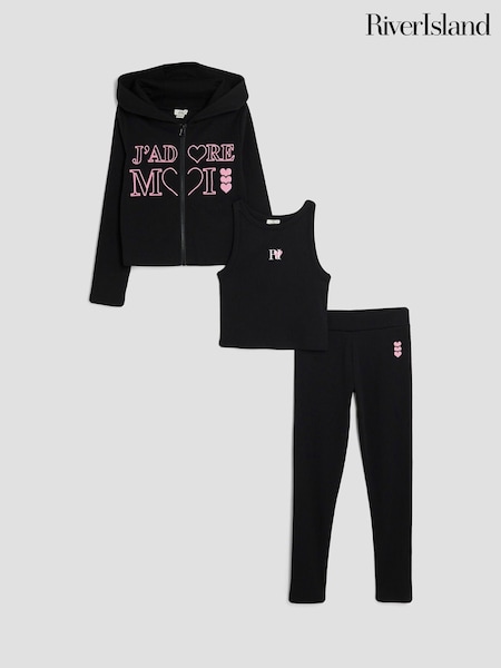 River Island Black Girls Zip Thru Hoodie Leggings Set (W87363) | £32