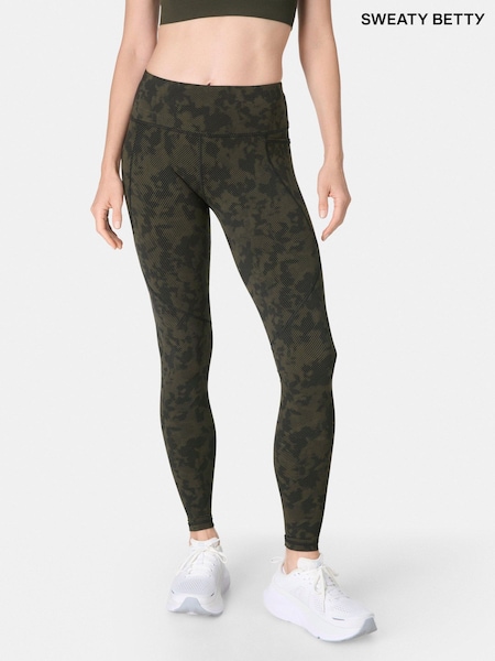 Sweaty Betty Green Linear Foliage Print Full Length Power Embossed Workout Leggings (W87406) | £88