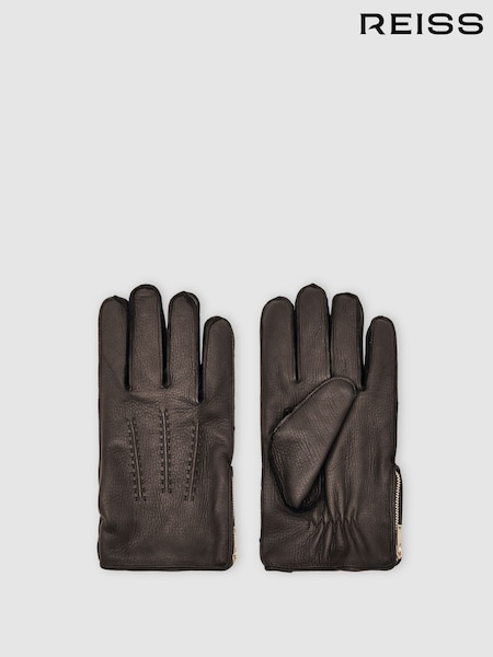 Reiss Dark Brown Iowa Leather Zip-Side Gloves (W87526) | £110