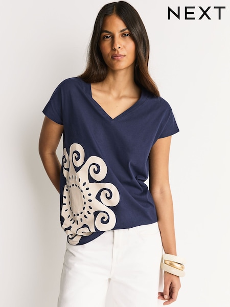 Navy Sun Graphic V-Neck Cap Sleeve T-Shirt (W87570) | £9