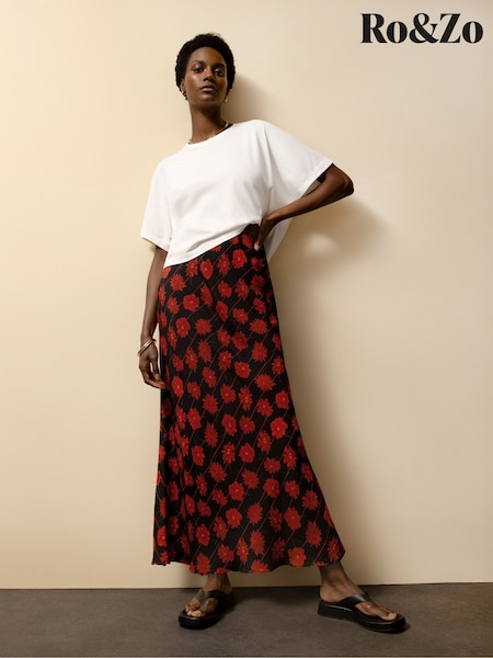 Ro&Zo Red Rose Print Bias Skirt (W87588) | £69