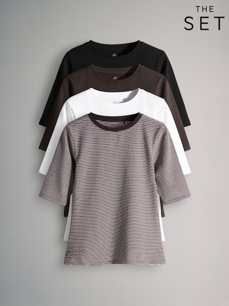 The Set 4 Pack Crew Neck Half Sleeve T-Shirts Black/Chocolate Brown/White/Stripe (W87764) | £21