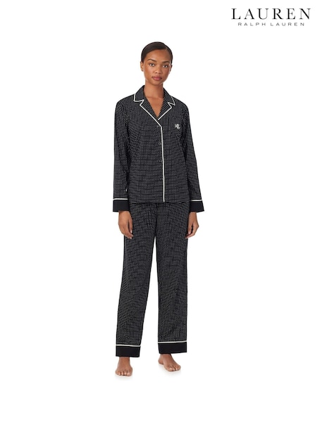 Lauren Ralph Lauren Black Cotton Lawn Long Sleeve Notch Collar Pajamas Set (W87914) | £139
