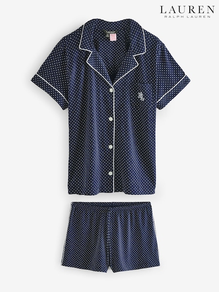 Lauren Ralph Lauren Blue Short Sleeve Notch Coller Boxer Pyjamas Set (W87936) | £99