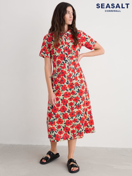 Seasalt Cornwall Red Petite Birch Glade Cotton Midi Shirt Dress (W88016) | £86