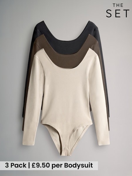 The Set 3 Pack Ribbed Long Sleeve Bodysuits Black/Chocolate/Cream (W88266) | £28