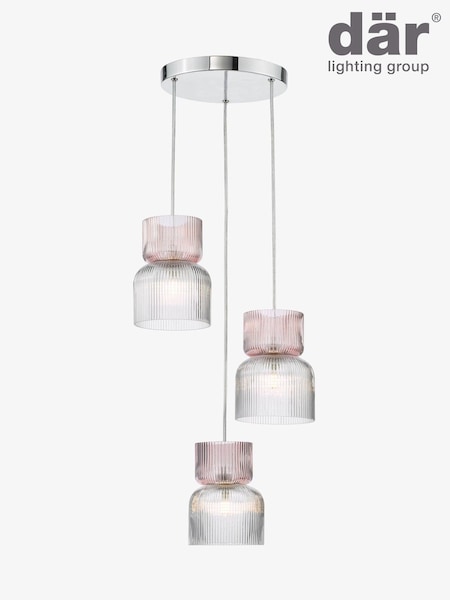 Dar Lighting Polished Chrome Pink Ribbed Glass Auberta 3lt Cluster Pendant (W88405) | £95