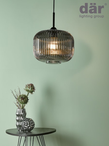 Dar Lighting Matt Black Smoked Ribbed Glass Demarius Pendant Light (W88408) | £100