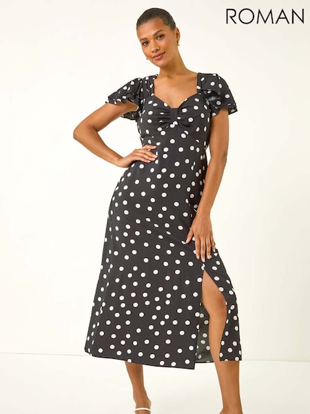 Roman Black Spot Print Sweetheart Midi Dress (W88503) | £50