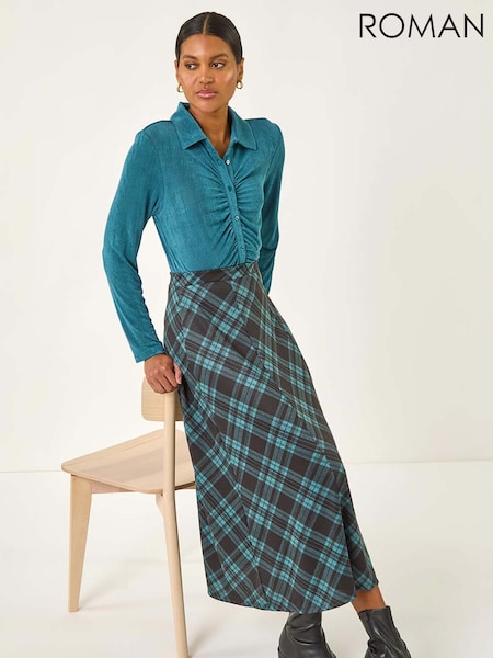 Roman Blue Panelled Check Midi Skirt (W88506) | £0