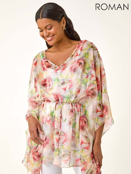 Roman Red Floral Print Kimono Tunic Top (W88512) | £42