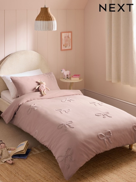 Pink Tufted Bows Cotton Duvet Cover and Pillowcase Set (W88551) | £28 - £40