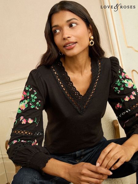 Love & Roses Black Floral Embrodiery Lace Insert Petite V-Neck Long Sleeve Top (W88566) | £34
