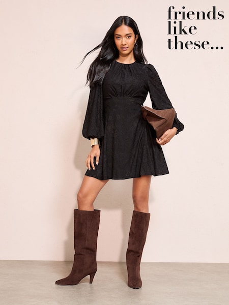Friends Like These Black Lace Long Sleeve Empire Bust Mini Dress (W88710) | £45