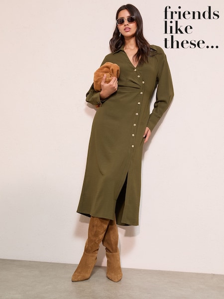Friends Like These Khaki Green Long Sleeve Side Button Detail Midi Shirt Dress (W88712) | £49