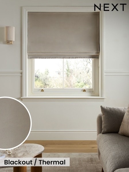 Natural Oatmeal Ready Made Blackout Thermal Matte Velvet Fringe Roman Blind (W88773) | £45 - £105