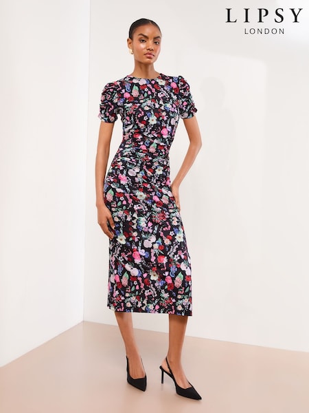 Black Floral Petite Short Sleeve Jersey Ruched Midi Dress (W88962) | £58