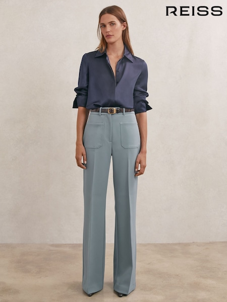 Reiss Blue Priya Twill Patch-Pocket Flared Trousers (W89182) | £150