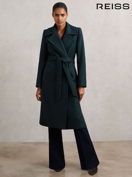 Reiss Teal Odette Wool-Blend Double-Lapel Belted Coat With Cashmere (W89196) | £380