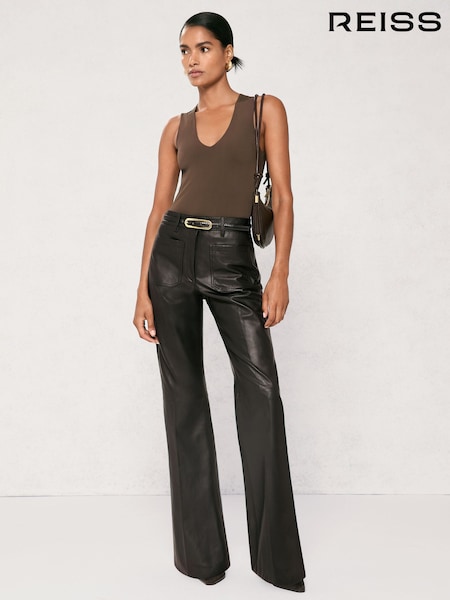 Reiss Black Priya Leather High-Rise Flared Trousers (W89203) | £430