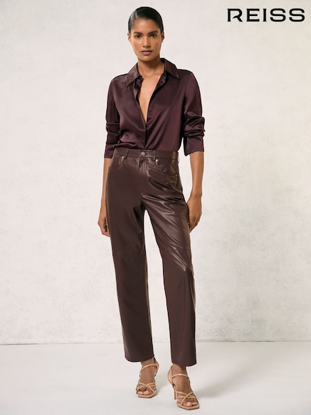Reiss Oxblood Burgundy Verona Petite Leather Slim-Leg Trousers (W89208) | £398