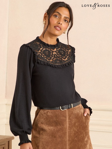Love & Roses Black Lace Yoke Knitted Jumper (W89579) | £39