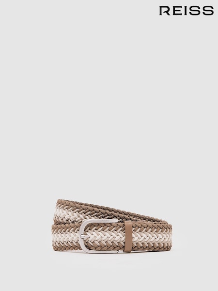 Reiss Taupe Brown/Off White Ellis Woven Stripe Belt (W89614) | £78