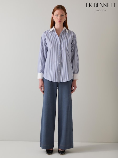 LK Bennett Blue Hally Stripe Cotton Shirt With Contrast Cuff and Collar (W89799) | £179