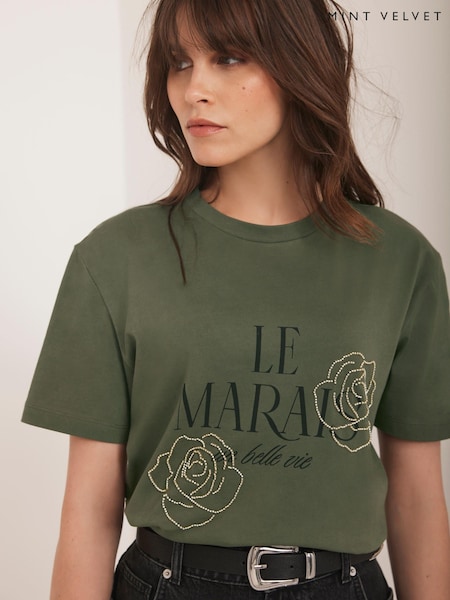 Mint Velvet Green Graphic Print Slogan T-Shirt (W89921) | £45