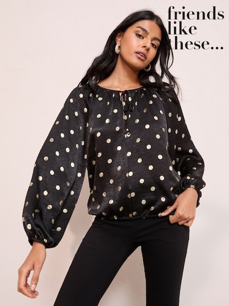 Friends Like These Gold Spot Print Long Sleeve Bubble Hem Tie Neck Blouse (W90052) | £34