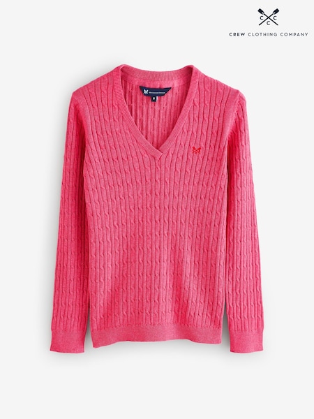 Crew Clothing Pink V-Neck Heritage Cable Knit Jumper (W90088) | £55