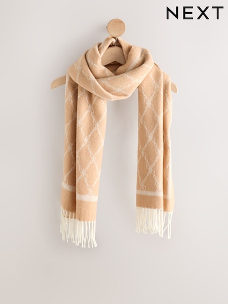 Camel Premium Made in Italy Jacquard Monogram 100% Wool Midweight Scarf (W90161) | £48