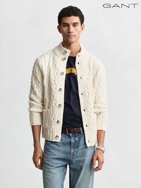 GANT Cream Cable Knit Wool Blend Cardigan (W90357) | £210