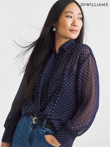 JD Williams Blue Spot Print Georgette Pintuck Shirt (W90444) | £32