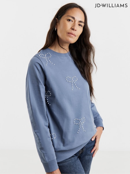 JD Williams Blue Pearl Bow Embellished Sweatshirt (W90453) | £34