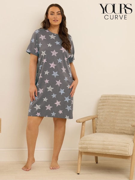 Yours Curve Grey Animal Print Star Sleep T-Shirt (W90487) | £20