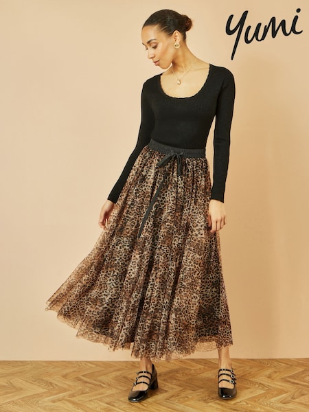 Yumi Brown Mesh Heart Print Tulle Skirt (W90550) | £0