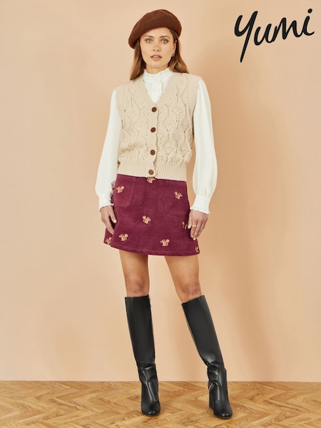 Yumi Red Corduroy Embroidered Squirrel Mini Skirt (W90556) | £0