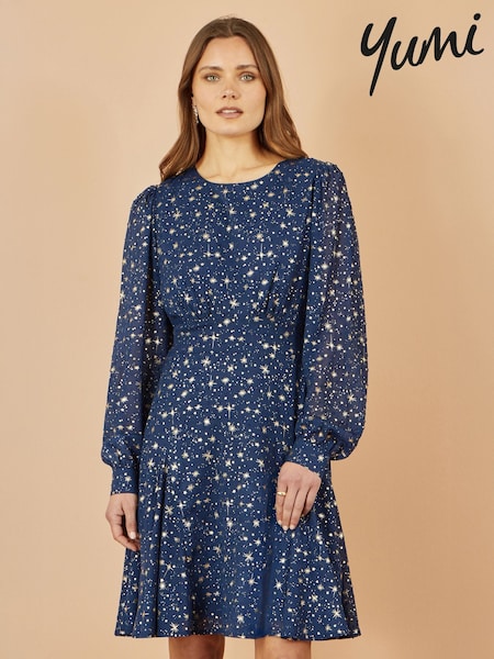 Yumi Blue Star Print Foil Long Sleeve Dress (W90597) | £60