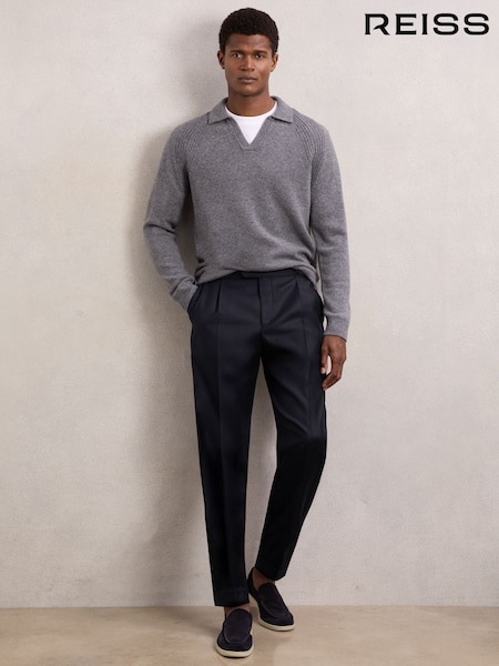 Reiss Navy Cantwell Cotton-Blend Tapered Trousers (W90603) | £140