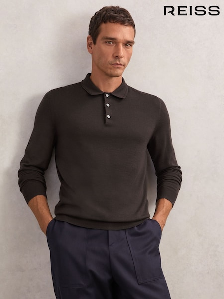 Reiss Chocolate Brown Trafford Merino Wool Polo Shirt (W90612) | £98