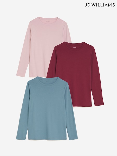 JD Williams Burgundy/Pink/Blue 3 Pack Crew Neck Long Sleeve Tops (W91481) | £27