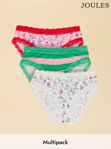Joules Red & Green Party Dogs/Stripe Knickers 3 Pack (W91613) | £19.95