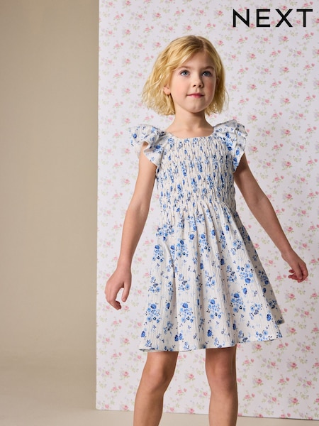 Blue Floral Smocked Frill Sleeve Dress (3-16yrs) (W91867) | £15 - £20