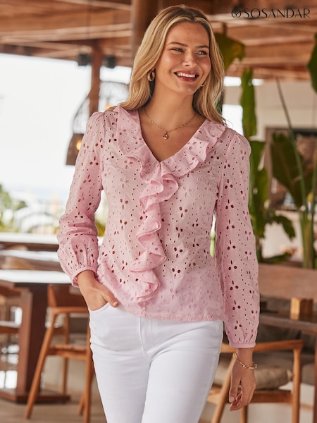 Sosandar Pink Broderie Ruffle Detail Cotton Blouse (W91937) | £0