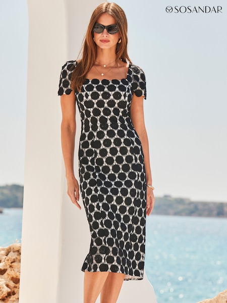 Sosandar Black Lace Square Neck Pencil Dress (W91955) | £89