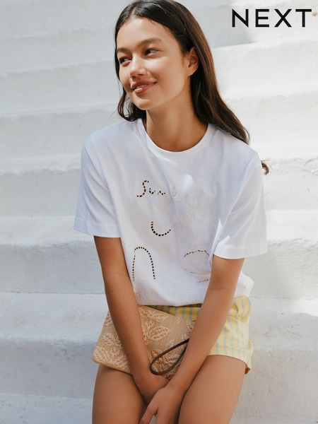 White Cutwork Embroidered Heavyweight Short Sleeve Crew Neck T-Shirt (W92031) | £22