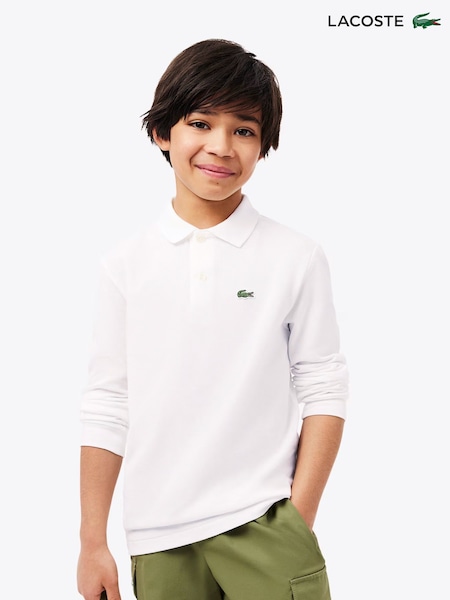 Lacoste White Long Sleeve Piqué Logo Polo Shirt (W92182) | £55 - £60