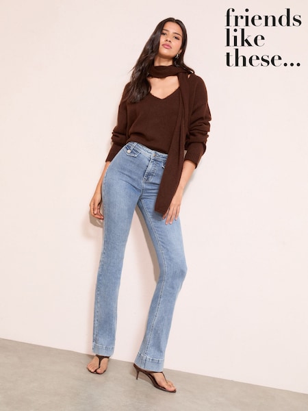 Friends Like These Mid Wash Petite High Waist Pocket Flare Jeans (W92293) | £39